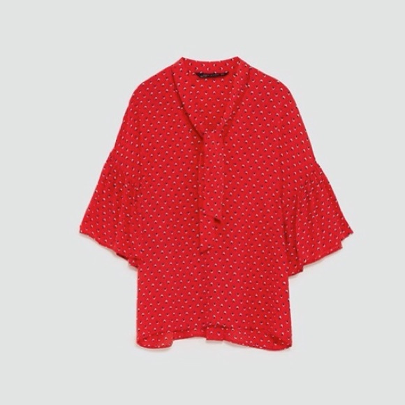 Zara NWT Bold Red Print Oversized Flutter Sleeve Blouse with Pussy Bow XS S - Picture 3 of 10
